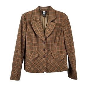 Vintage 90s tan plaid jacket lacquered buttons L